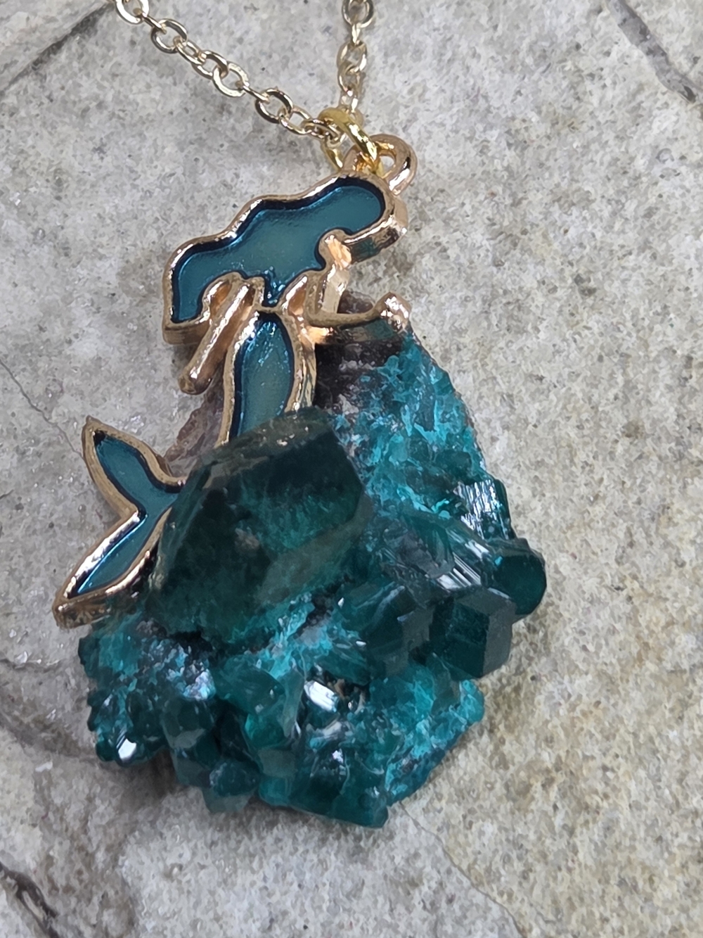 Green Dioptase Crystal With Teal Mermaid Pendant Necklace
